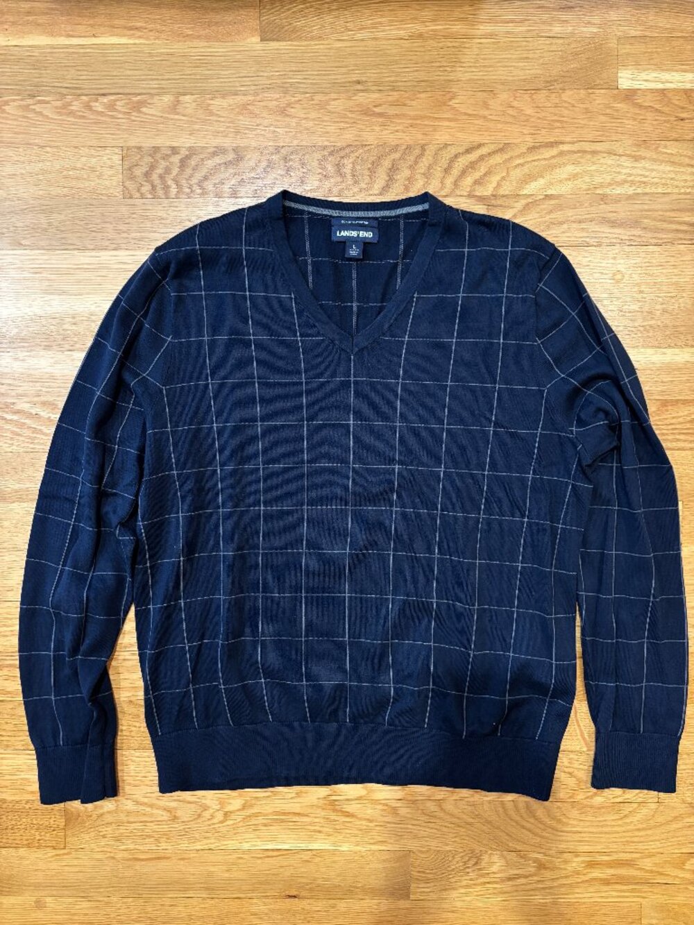 Lands' End Men's Navy Windowpane V-Neck Sweater | Size Large